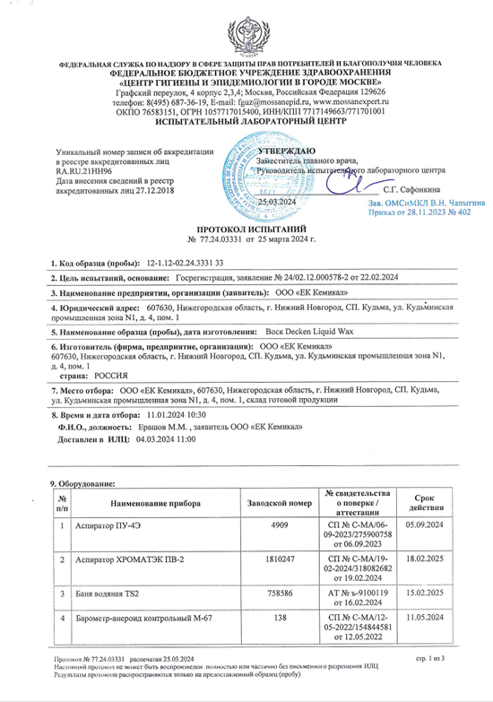 Liquid Wax - протокол испытаний